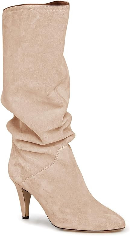 Coutgo Womens Slouchy Knee High Boots Wide Calf Kitten Heel Pointed Toe Pull On Long Boots Winter... | Amazon (US)