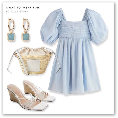 A summer holiday evening look ☀️ 

Blue mini dress, Abercrombie, Loewe basket bag, wedges, Matches earrings 

#LTKSeasonal #LTKstyletip #LTKeurope