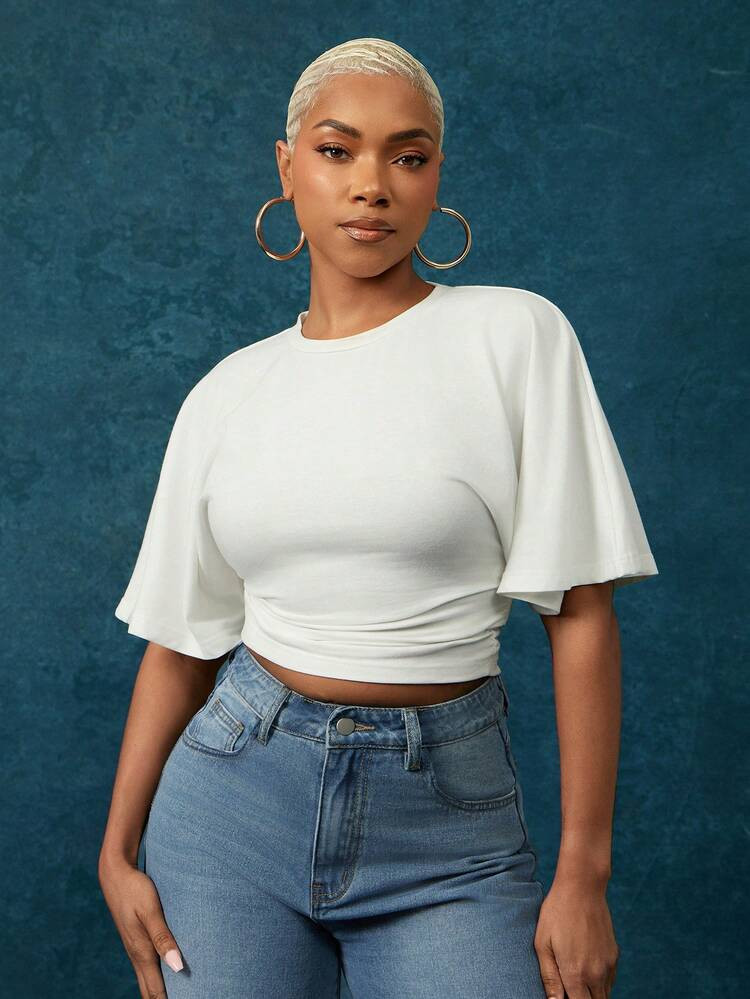 Vixey White Round Neck Boxy Sleeve Fitted Waist Tee | SHEIN