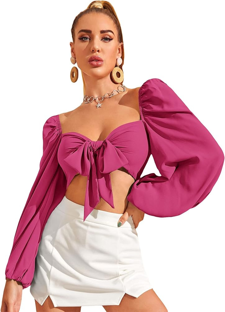 Romwe Women's Sweetheart Neck Tie Knot Front Long Sleeve Crop Tops Blouse | Amazon (US)