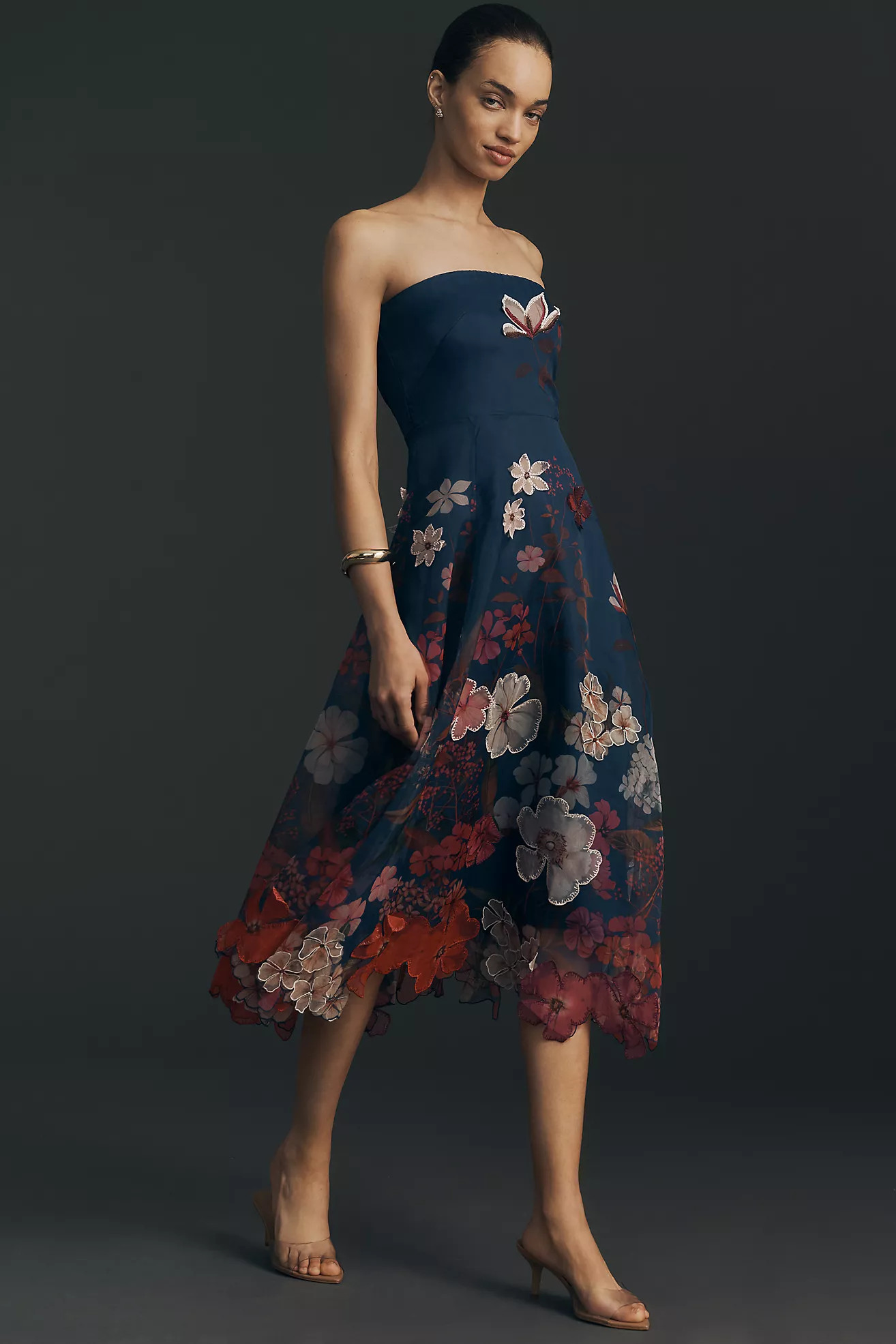 Maeve Strapless Floral Chiffon Midi Dress | Anthropologie (US)