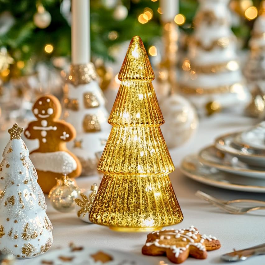 Glitter Light up Mercury Glass Christmas Tree, Fairy Rotating Lights, 6 Hour Timer, Tabletop Ligh... | Amazon (US)