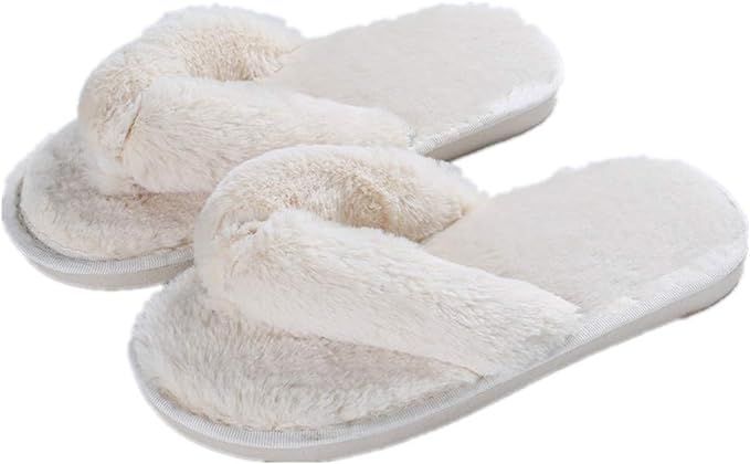 Amazon.com: Womens Slippers Cozy Short Plush Lining Thong Furry Slippers House/Office Shoes Beige... | Amazon (US)