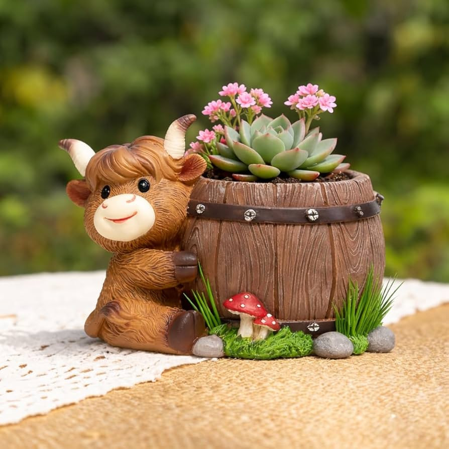 Highland Cow Succulent Planter with Drainage Hole & Plug, Mini Resin Cow Flower Pot for Indoor Ou... | Amazon (US)