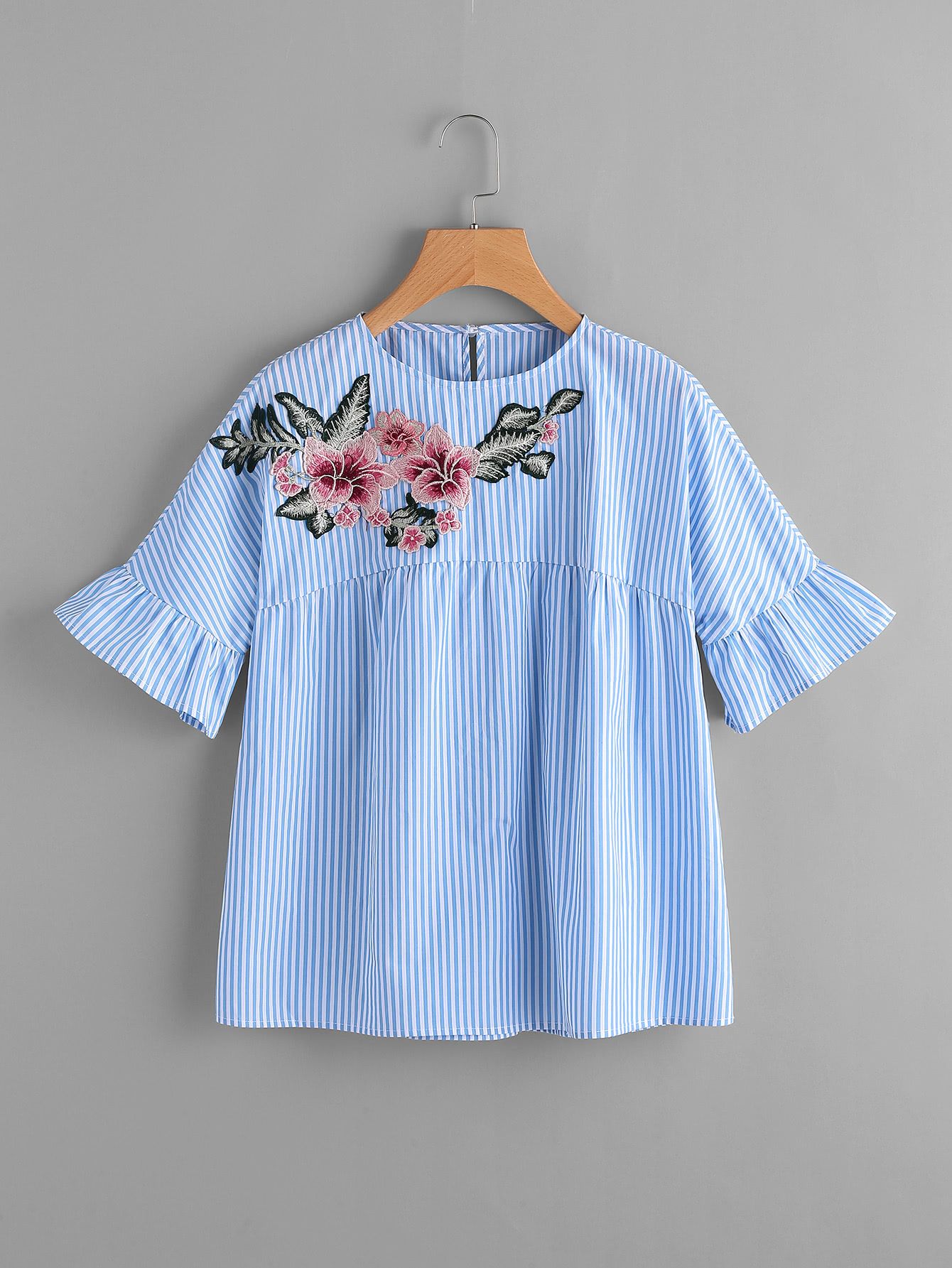Embroidered Flower Embellished Ruffle Sleeve Babydoll Top | SHEIN