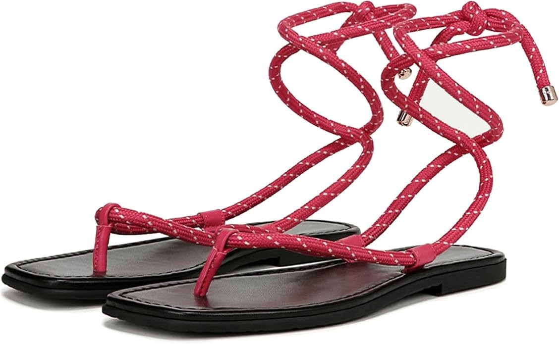 Rope Flat Sandals for Women Strappy Lace Up Square Open Toe Thong Sandals Comfortable Summer Beac... | Amazon (US)
