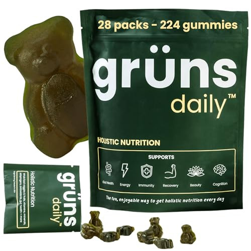 Gruns Adults Super Greens Gummies, Superfood Gummy Bears with Spirulina, Chlorella, Prebiotics & Fiber for Digestive Health, Adaptogens Supplement with 20 Vitamins & Minerals, Low Sugar, 28 Packets | Amazon (US)