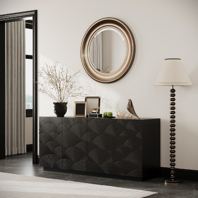 60" Mid Century Modern Sideboard Buffet Cabinet with Storage, Adjustable Shelves, Geometric Pattern, TV Media Console for Living Room Black | Target