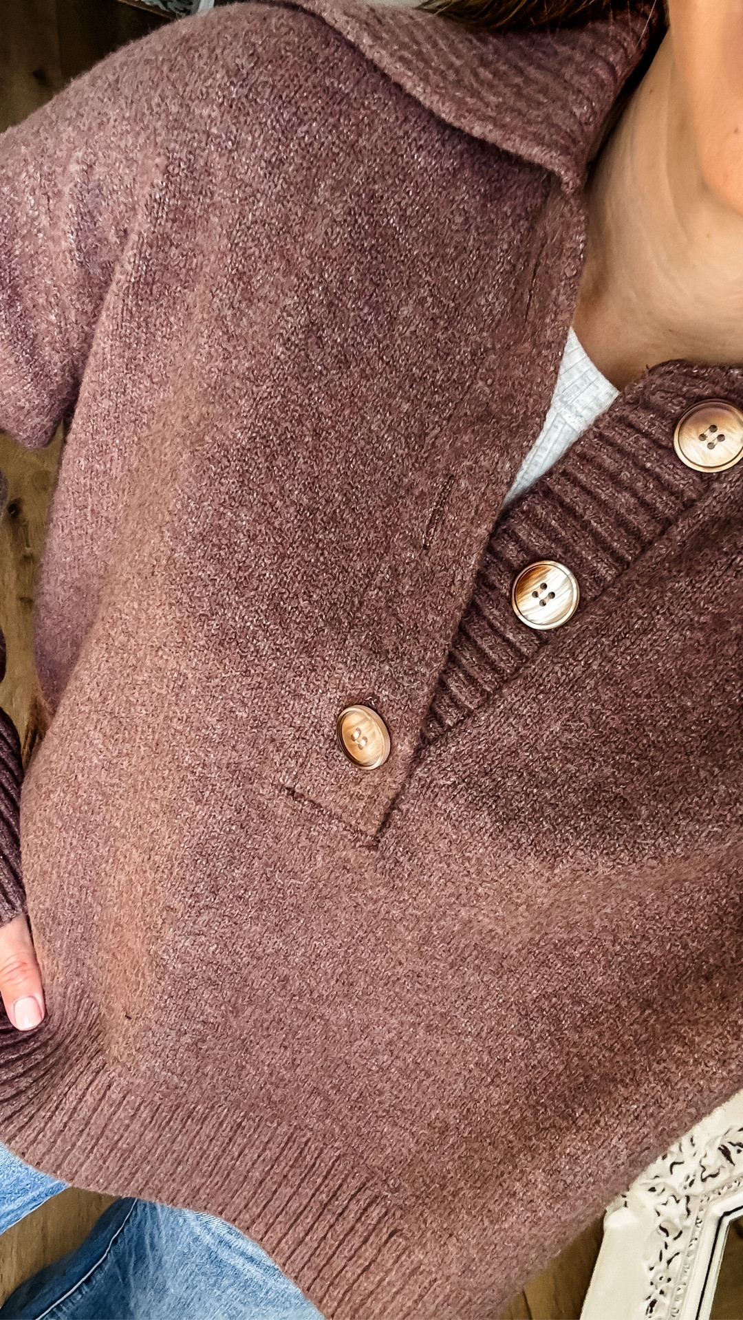 Small brown Henley sweater. 25 wide leg jeans.

#LTKOver40 #LTKPetite