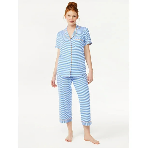 Joyspun Women's Knit Notch Collar Top and Capris Sleep Set, 2-Piece, Sizes S to 5X | Walmart (US)