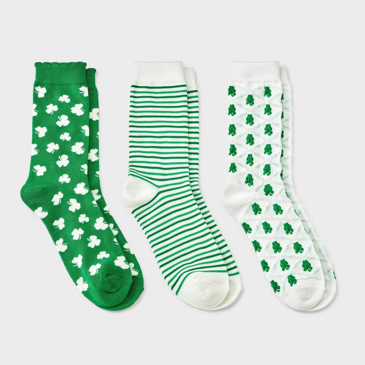 Women's Textured Shamrocks St. Patrick's Day 3pk Crews Socks - Ivory/Green 4-10 | Target