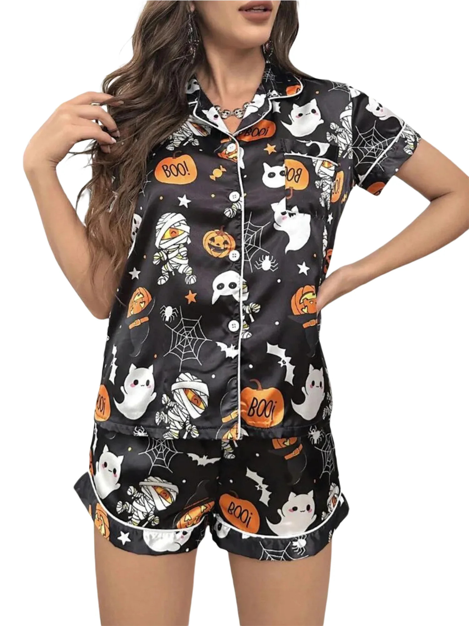 Calsunbaby Women Halloween Pajama Set, Ghost Pumpkin Print Top with Shorts | Walmart (US)