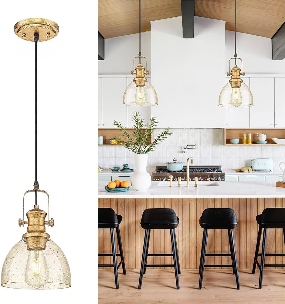 Pendant Lights Kitchen Island, 7.5" Farmhouse Pendant Lighting with Amber Seeded Glass Shade, Vin... | Amazon (US)