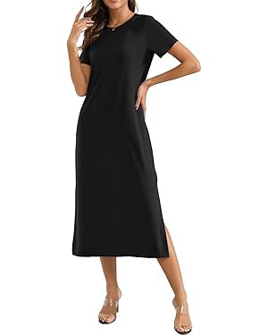 Naggoo Women's Short Sleeve Split Maxi Dress Casual Plain Tie Dye Print Tshirt Long Dresses with ... | Amazon (US)