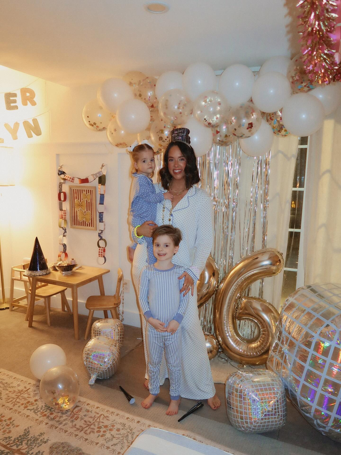 Our last night of 2025 🎈🪩✨🎊 matching pjs for me and the kids from @cadenlane 🥰 so cute for girl/boy siblings and mama!!! #2026 #hello2026 #happynewyear