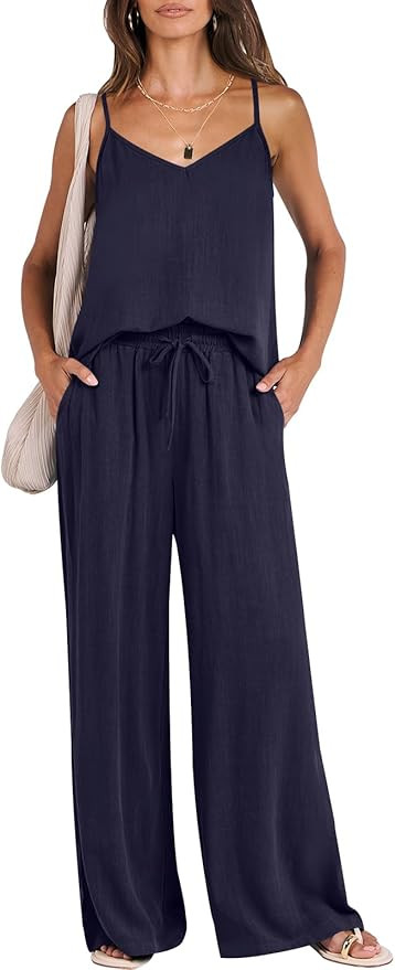 ANRABESS Women's 2 Piece Outfits Linen Sleeveless Tops Drawstring Wide Leg Pants Matching Lounge ... | Amazon (US)