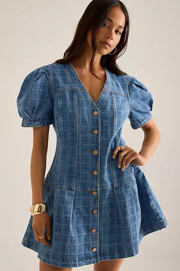 Damson Madder Adeline Puff-Sleeve Denim Mini Dress | Anthropologie (UK)