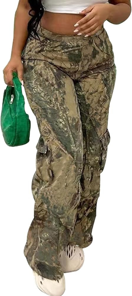 Seltaon Fall Camo Pants for Women Camouflage Army Fatigue Wide Leg Baggy Pants Trousers Plus Size | Amazon (US)