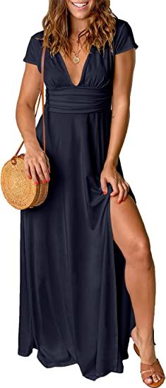 ANRABESS Women's Deep V Neck Short Sleeve Long Dresses Pleated High Waist Slit Club Party Evening... | Amazon (US)