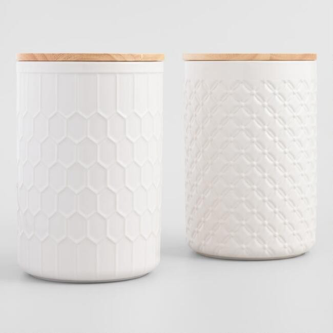Large White Textured Ceramic Canisters with Lids Set of 2 | World Market