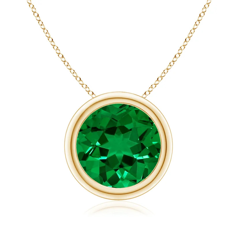 Lab-Grown Bezel-Set Round Emerald Solitaire Pendant | Angara Inc.