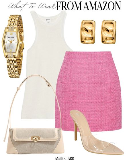 Summer date night affordable outfit from Amazon. Hot pink tweed skirt, white tank, clear heels and gold accessories. 

#LTKfindsunder100 #LTKfindsunder50 #LTKover40