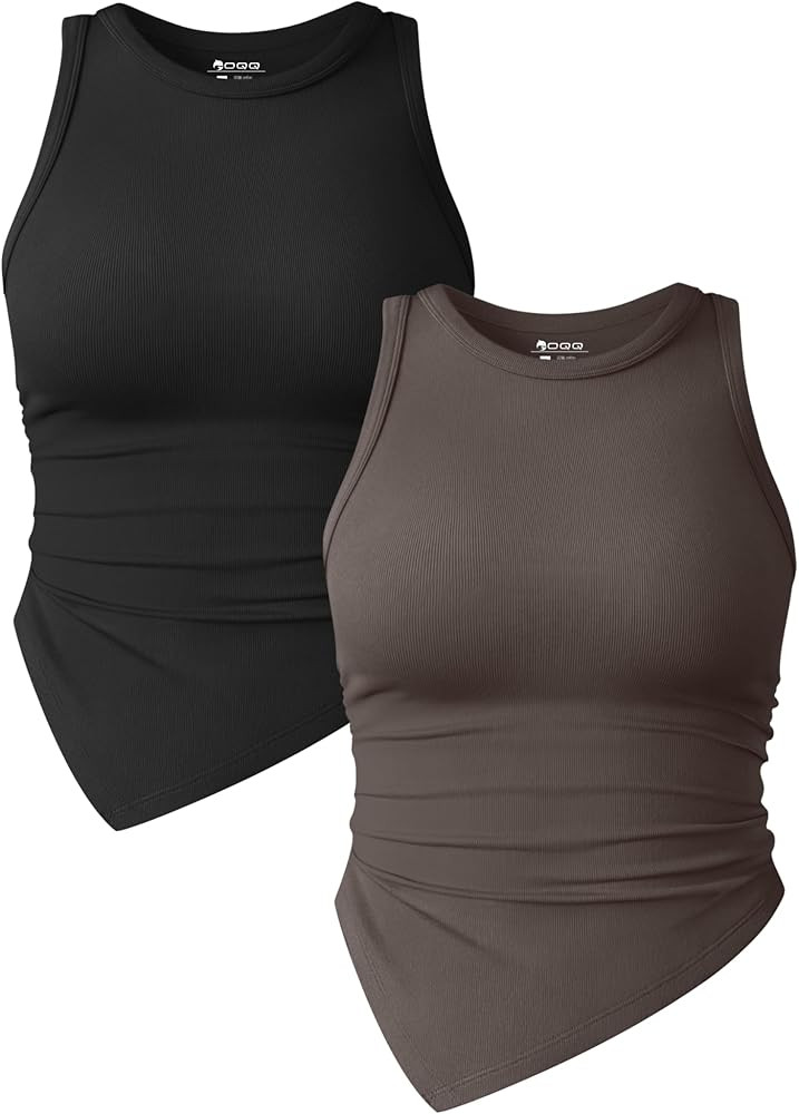 OQQ Women's 2 Piece Tank Tops Ruched Crew Neck Sleeveless Basic Stretch Tee Shirts | Amazon (US)