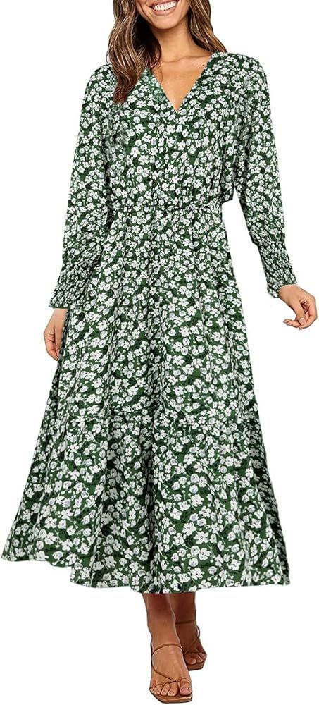 Fleur Wood Women's Fall Bohemian Flowy Floral Print Maxi Dresses Long Sleeves V Neck Beach Party Wed | Amazon (US)