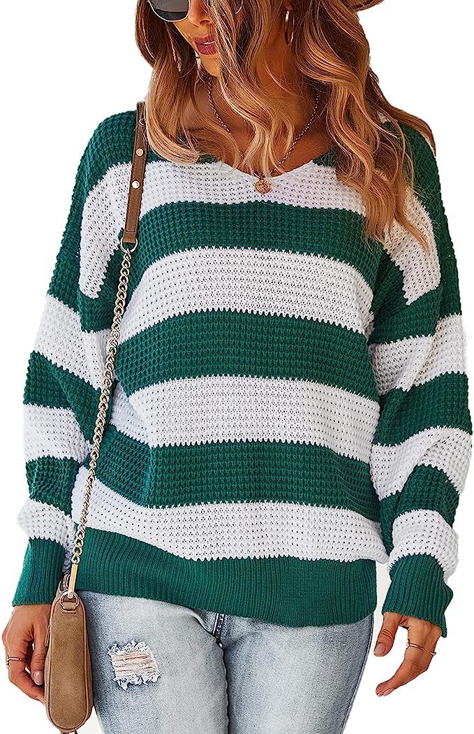 BROVEVA Women's Casual Long Sleeve Striped Color Block Loose Sweaters Fall Pullover Knit Jumper | Amazon (US)