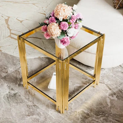 Modern Square Glass End Table For Living Room, Asymmetrical Gold Finish Metal Frame With Lower Shelf | Gift Idea | Wayfair North America