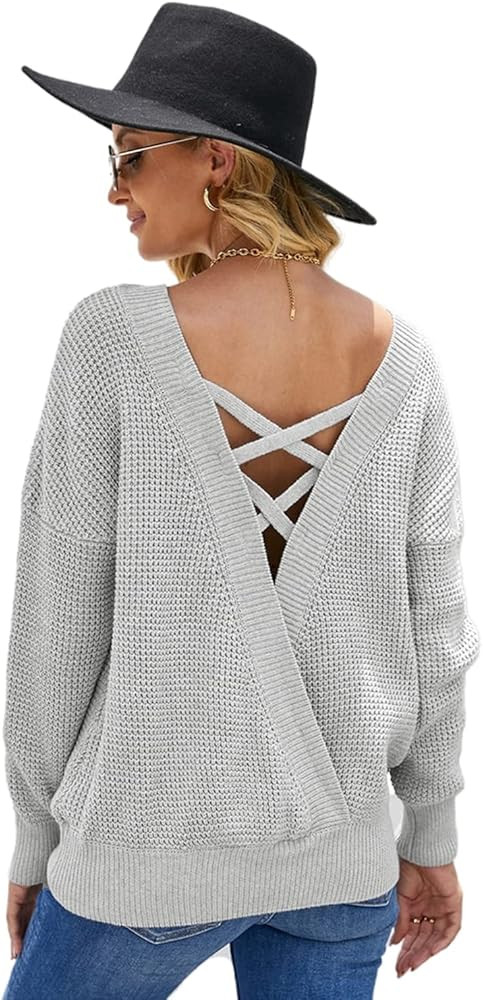 Women's Round Neck Backless Sweater Long Sleeve Pullover Knit Solid Color Tops | Amazon (US)