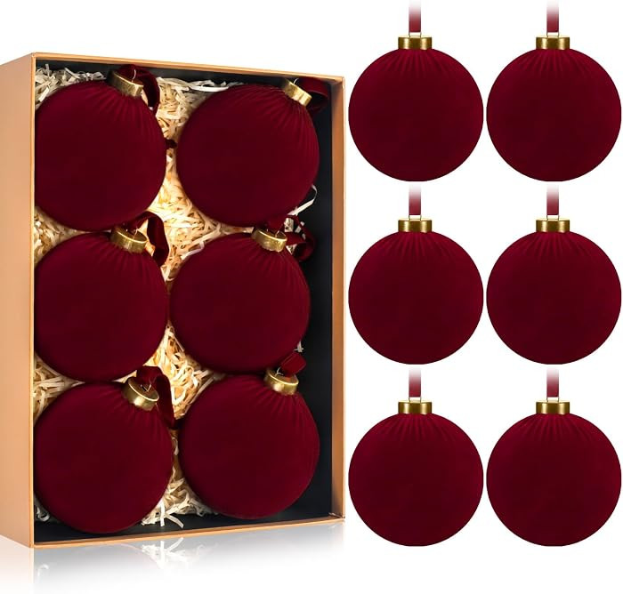 HyDren 6 Pcs Velvet Christmas Ball Ornaments, Burgundy, 4 Inches | Amazon (US)