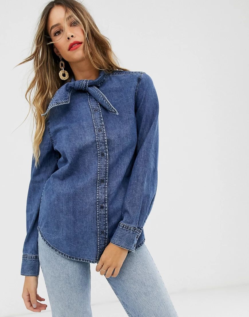 & Other Stories denim shirt with pussy bow in blue | ASOS (Global)