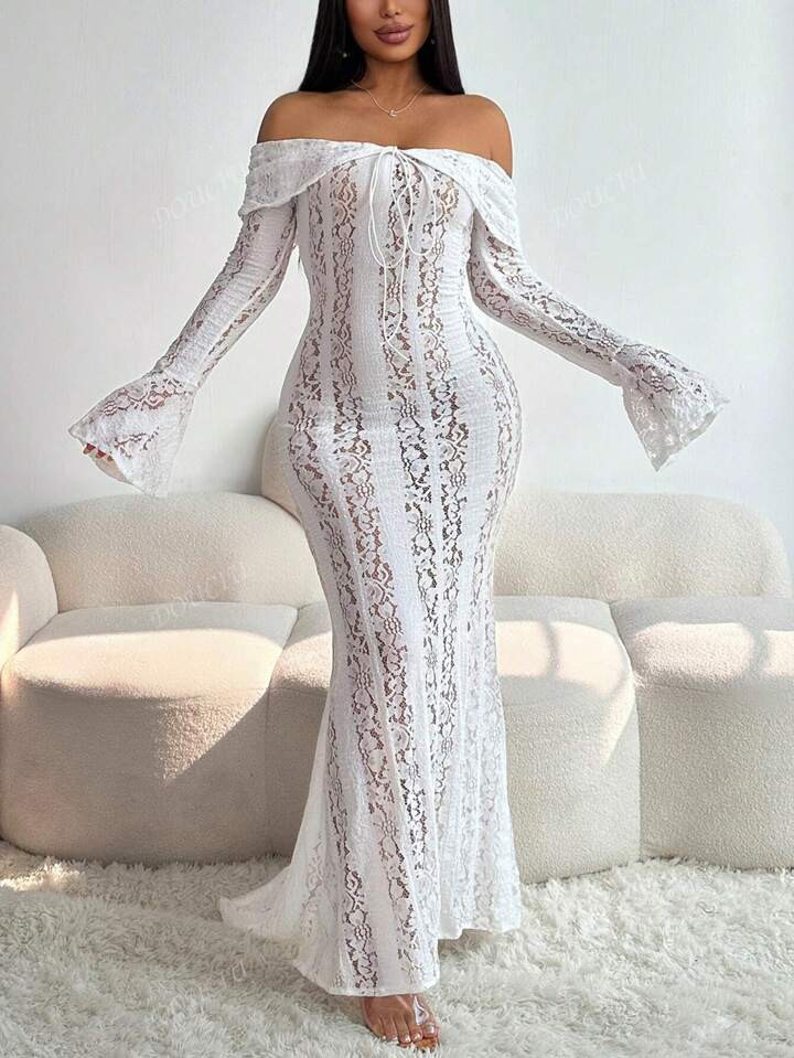 Sexy Slit Lace Hollow-Out Tie-Up Off-Shoulder Long Sleeve Fitted Fishtail Dress | SHEIN
