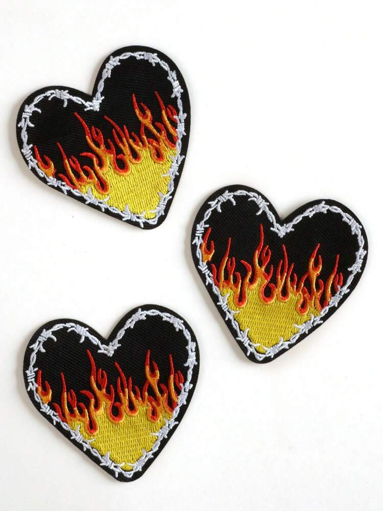 1 Set Of 3 Multicolor Flame & Heart Shaped Cloth Patches, Cute Cartoon Style Iron-On Or Sew-On Appliques, Suitable For Clothes, Bags, Shoes, Hats, Etc. | SHEIN