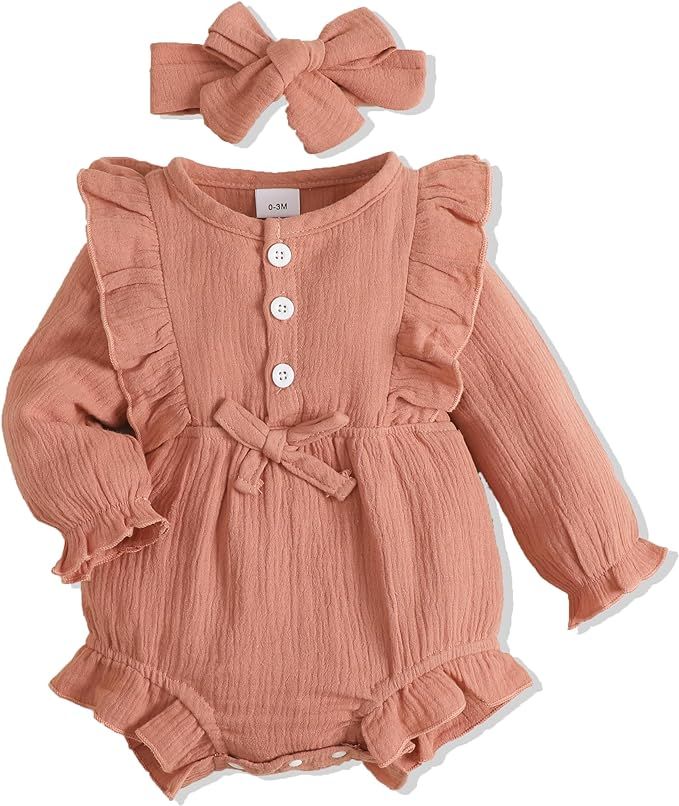 Renotemy Newborn Infant Baby Girl Clothes Cotton Linen Rompers Solid Ruffle Jumpsuits Infant Baby... | Amazon (US)