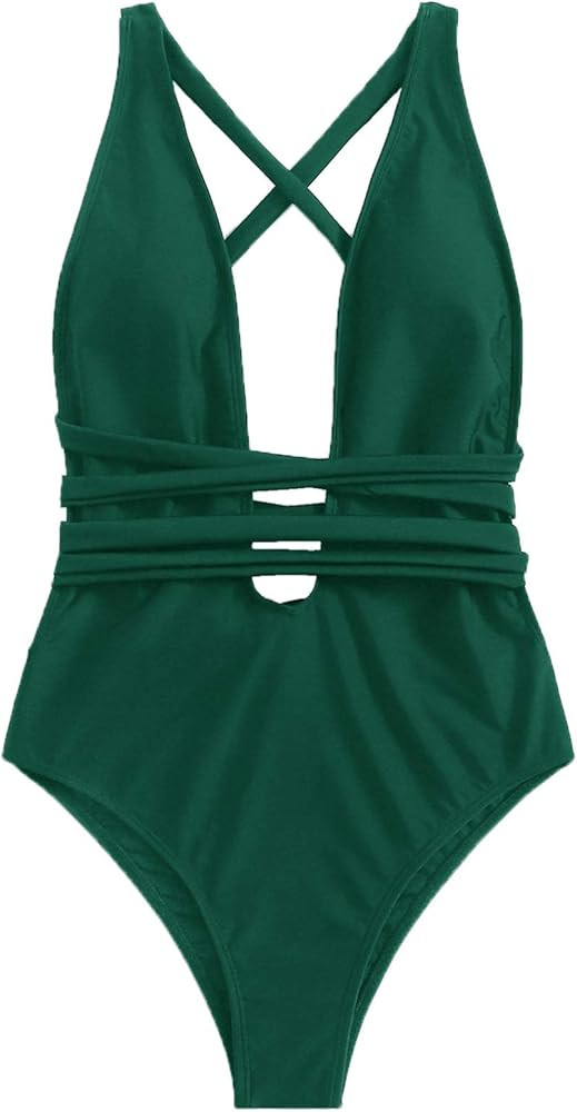 SweatyRocks Women's Sexy Basic Criss Cross Tie Knot Front Deep V Open Back One Piece Swimwear | Amazon (US)