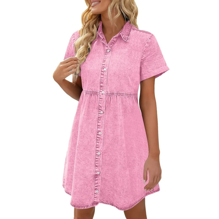 LookbookStore Women's Above Knee Length Denim Dress Folded Sleeve Button Tiered Denim Dress Auror... | Walmart (US)