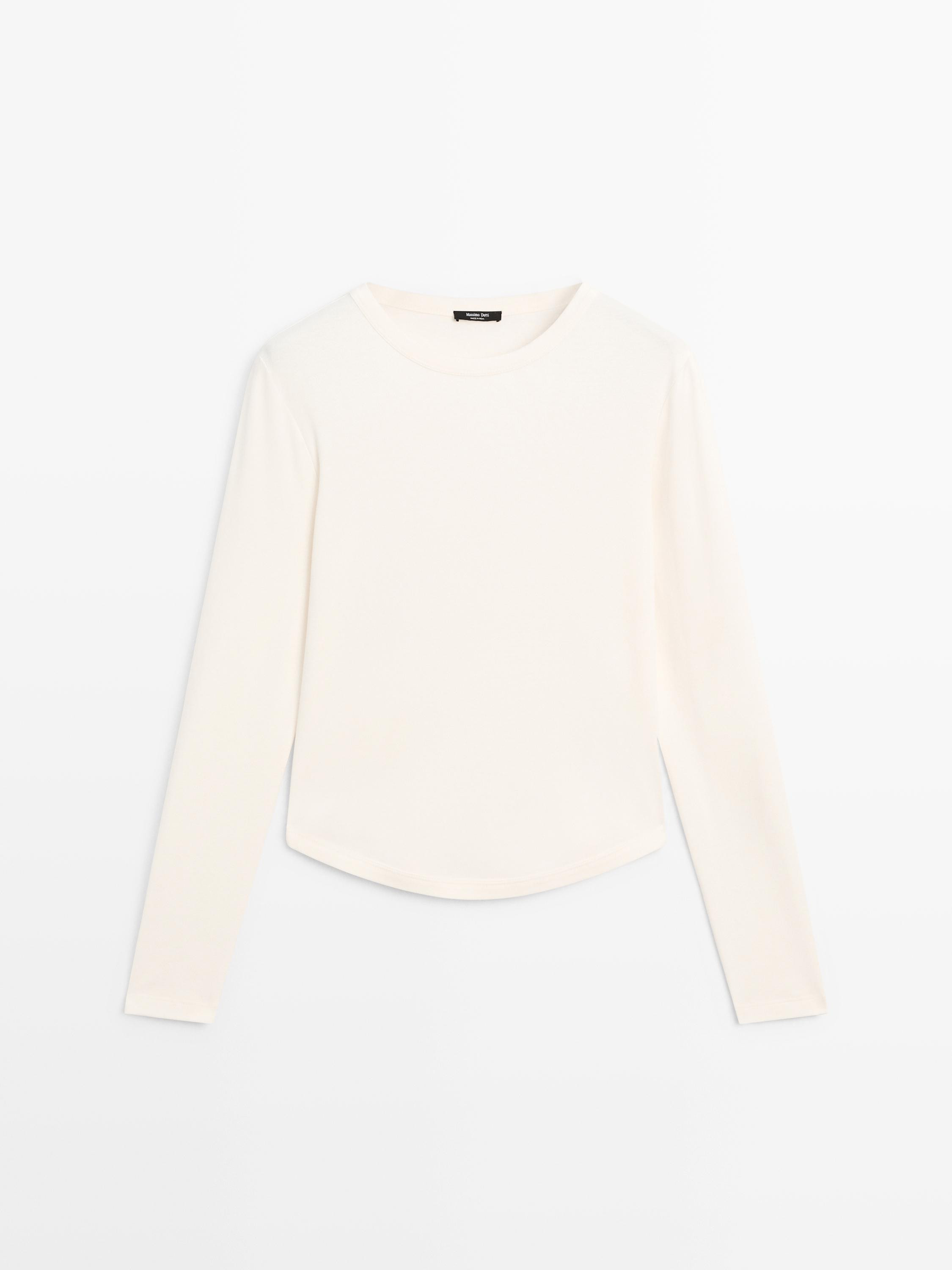 Long sleeve T-shirt with rounded hem · Cream, Mink, Black · Circular | Massimo Dutti | Massimo Dutti UK