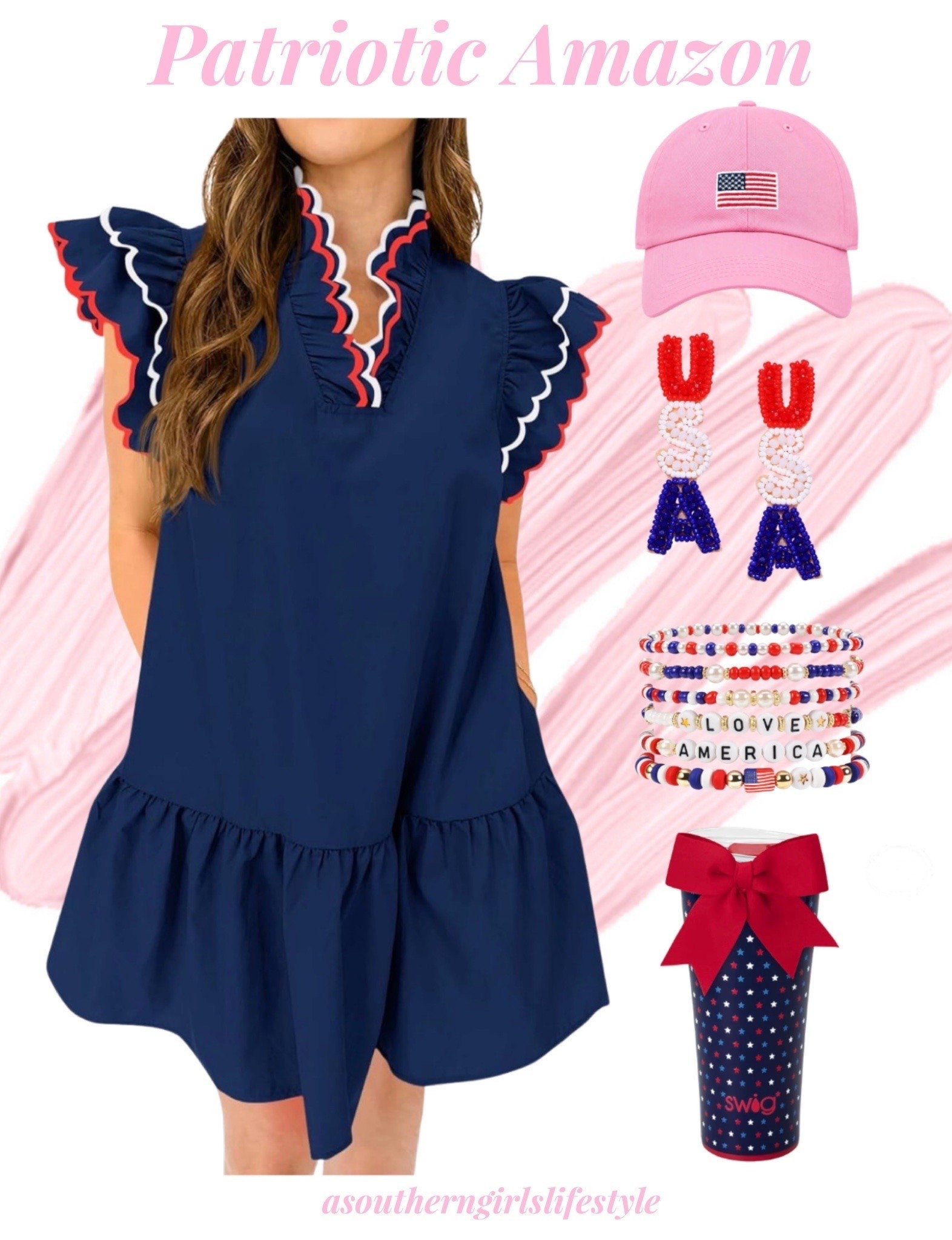 Patriotic Outfit all from Amazon for the Fourth of July. Can go from the water to fireworks by covering wet hair with the hat 

I have a couple of dresses from this brand & they’re great! I own the might as a feather earrings. 

Navy Ruffle Trim Dress, Pink American Flag Baseball Hat, USA Bead Earrings, July 4th Beaded Bracelets & Bow & Stars Tumbler (I always take my own cup - you’ll always know which one is yours)

Summer Dress. Amazon Finds. America 250

#LTKSeasonal #LTKootd #LTKPetite