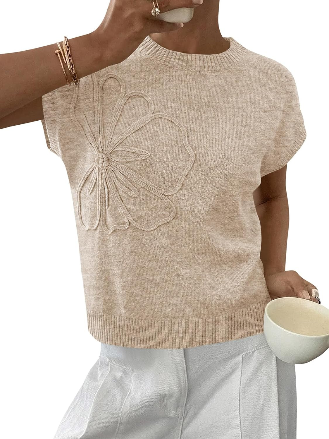 Saodimallsu Womens Short Sleeve Floral Summer Sweater Lightweight Knit Tops | Amazon (US)