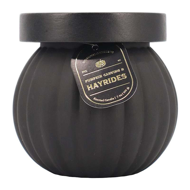 Homespun Halloween Pumpkin Carving & Hayrides Scented Black Pumpkin Jar Candle, 7oz | At Home