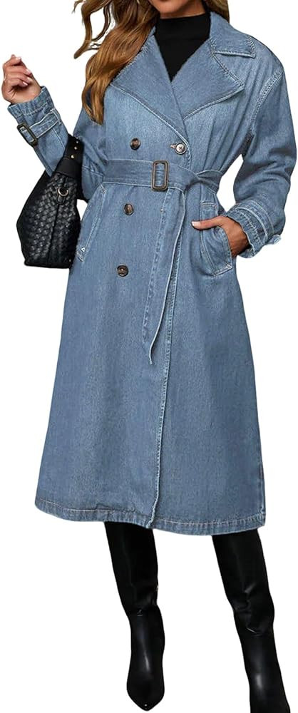 loveimgs Women Vintage Double Breasted Mid Long Denim Jacket Jean Trench Coat Duster Blazer Jacke... | Amazon (US)