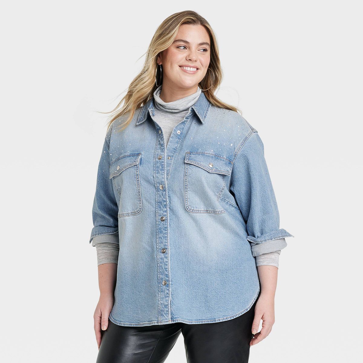 Women's Embellished Denim Shacket - Universal Thread™ Light Wash | Target