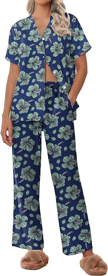 Ekouaer Women Pajamas Set Short Sleeve Button Down Floral Sleepwear Soft Pjs Loungewear Pants Set... | Amazon (US)