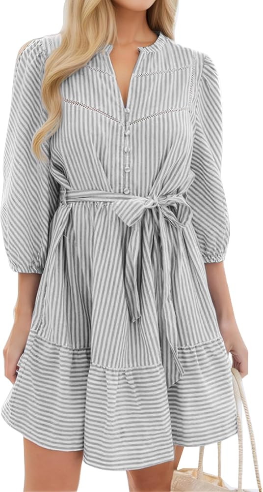 ECOWISH Women Striped Shirts Dress: Casual V Neck Button Down 3/4 Sleeve Belted Ruffle Flowy Midi... | Amazon (US)