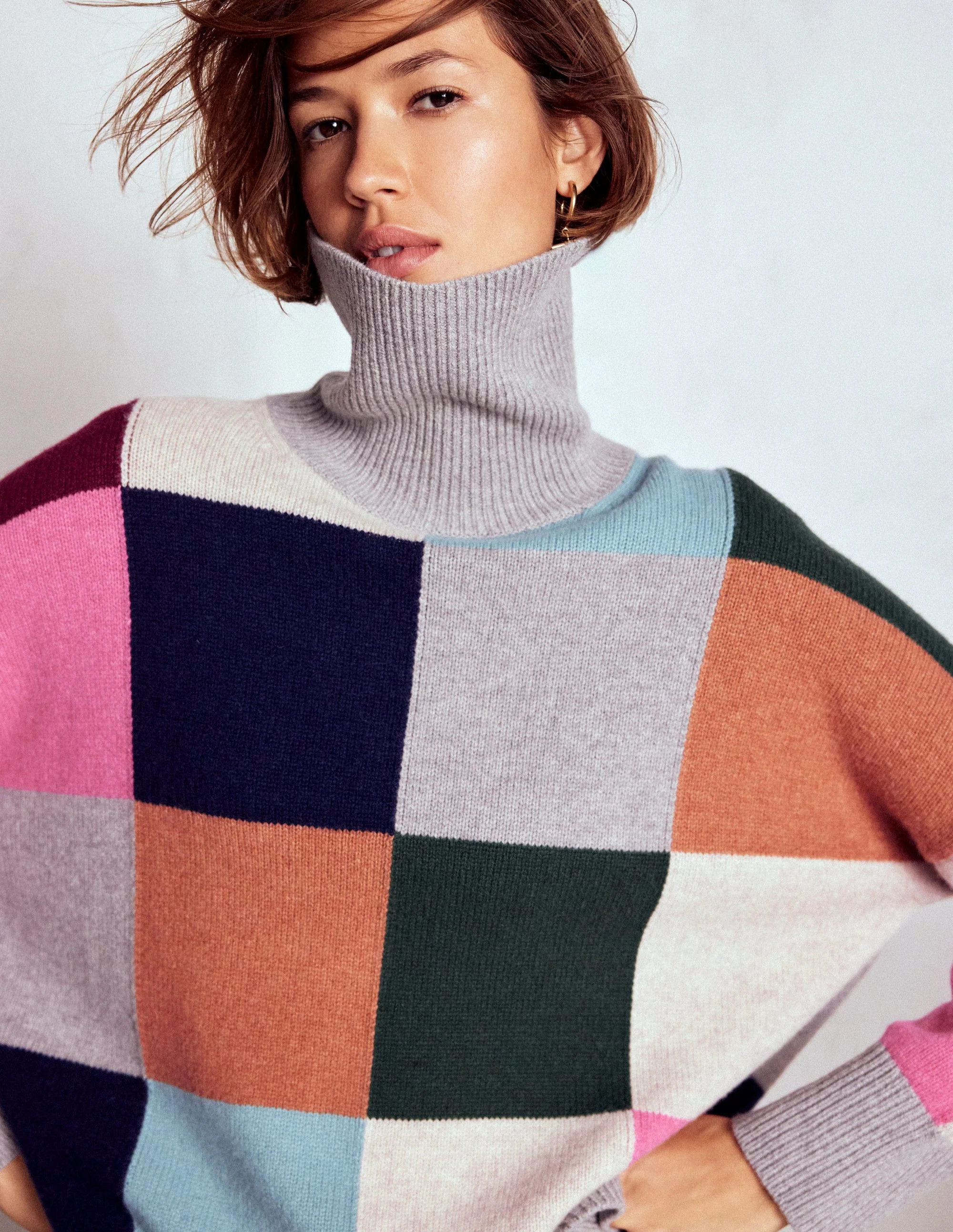 Polly Merino Roll Neck Sweater-Grey Marl Check | Boden (US)