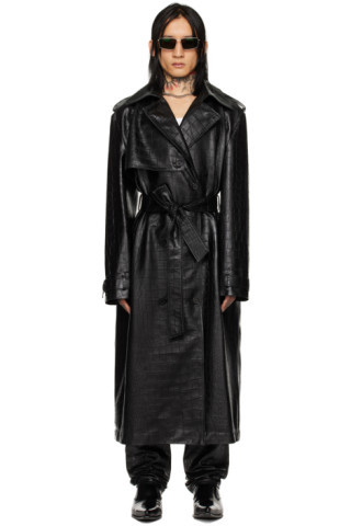 Black Croc Faux-Leather Trench Coat | SSENSE