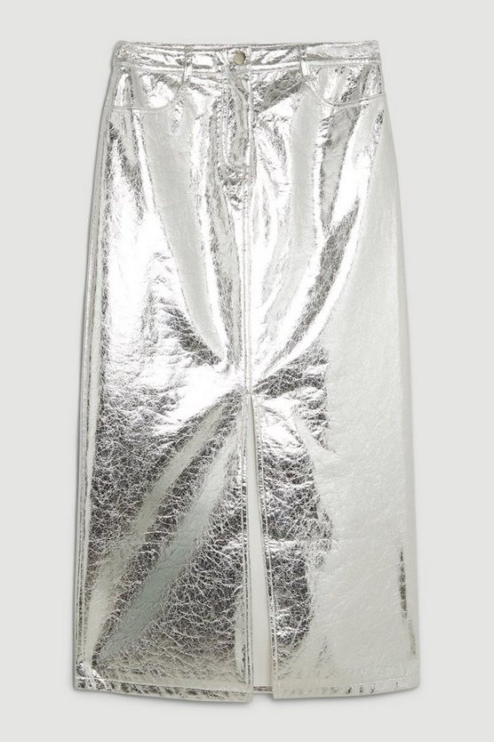 Metallic Faux Leather Midi Skirt | Karen Millen UK + IE + DE + NL