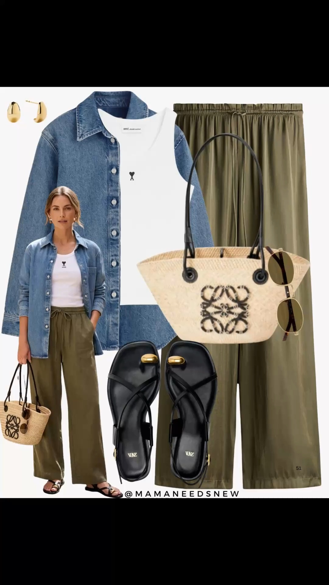 A spring outfit with a denim shirt, white tank top, satin pull on pants, sandals and raffia bag 

#LTKSaleAlert #LTKSeasonal #LTKootd